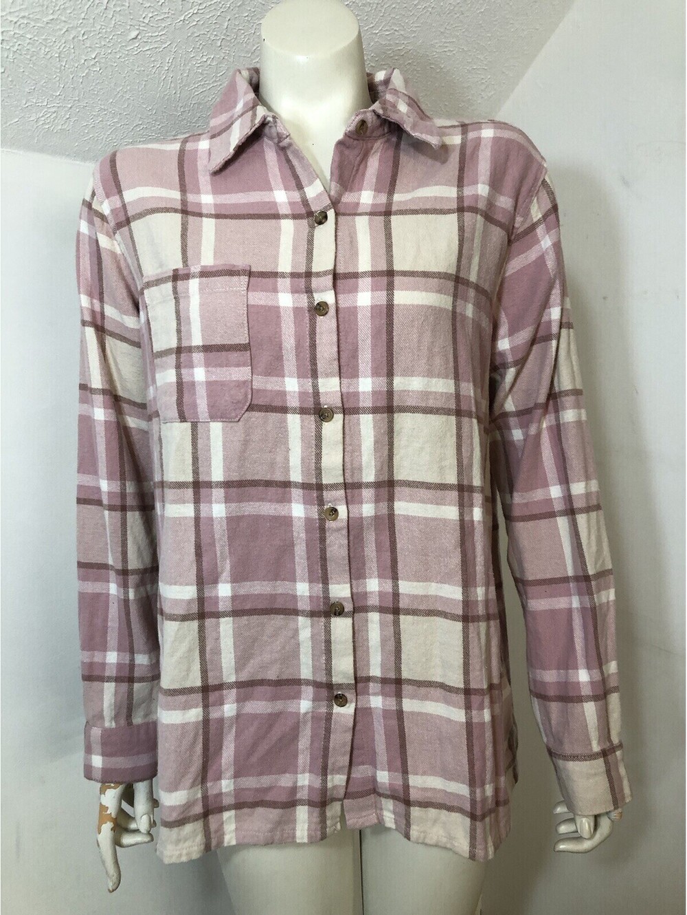 No Comment New Flannel Shirt Womens Large Pink Beige Plaid Howdy Howdy